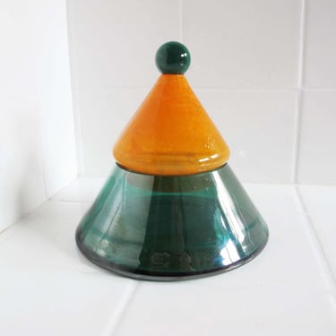 Vintage 80s Memphis Post Modern Trinket Jewelry Candy Dish by Mikasa - 1980s Orange Teal Green Lidded Triangle Cone Box 
