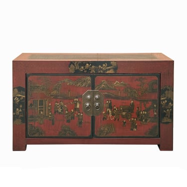 Vintage Oriental Distressed People Graphic Brick Red Low TV Console Cabinet cs7759E 