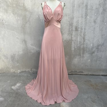 Vintage 1930s Pink Crepe Silk & Satin  Slip Dress Full Length “Sarah” Bias Cut