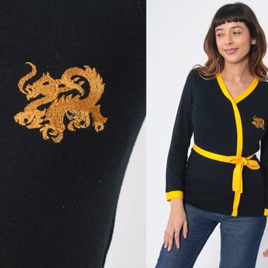Embroidered Dragon Top 70s Black Knit Shirt Faux Wrap Yellow Trim Belted Blouse Long Sleeve V Neck Karate Vintage 1970s Miss Miss Small S 
