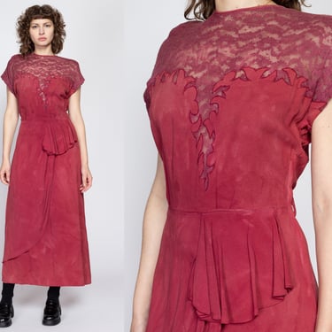 Large 1940s Raspberry Red Lace Illusion Bust Maxi Dress | Vintage 40s Faded Short Sleeve Peplum Gown 