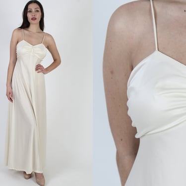 Cream Disco Dancing Dress / Sexy Open Back Cocktail Party Outfit / Spaghetti Strap Grecian Maxi Gown 