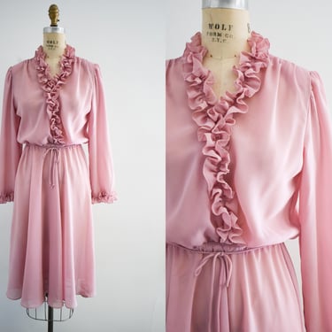 1970s Rose Pink Chiffon Ruffled Midi Dress 