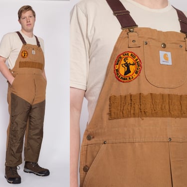 90s Carhartt Upland Hunting Overalls - 42x30 | Vintage Union Made In USA Waterproof Panel Tan Workwear Jumpsuit 