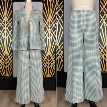 Vintage pantsuit, celadon green polyester, 3 piece set, vintage pantsuit, small medium, flare leg pants, plaid blazer, 27 waist, minx style 
