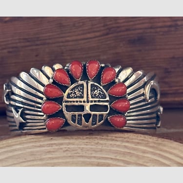 SUN WORSHIP Navajo Silver & Coral Cuff | Hallmark Shakey, Tsohanoai Celestial Moon and Stars Bracelet | Native American Southwest Jewelry 