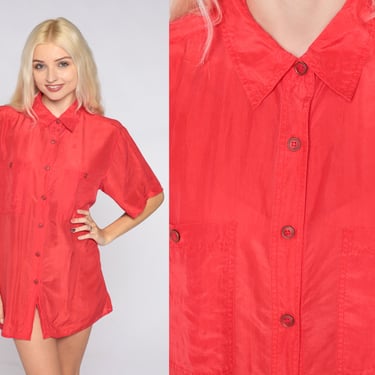 Red Silk Blouse 90s Button Up Shirt Retro Plain Simple Short Sleeve Top Chest Pocket Preppy Basic Button Down Minimal Vintage 1990s Small S 