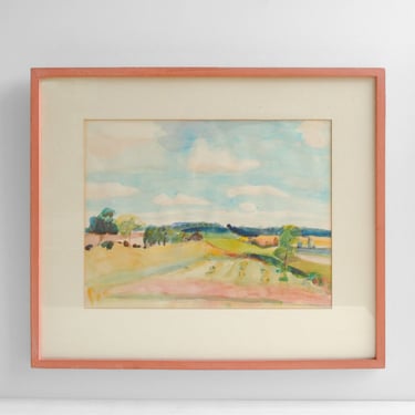 Vintage Watercolor Landscape Painting of a Field and Mountains in a Pink Wood Frame, Signed Original Landscape Painting 