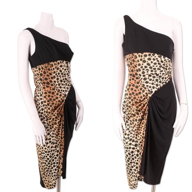 70s FUNKY leopard print disco dress M / 1970s vintage one shoulder slinky cocktail dress 6 