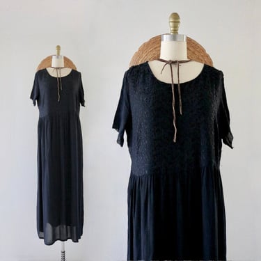 imperfect embroidered chiffon maxi dress - m - see details - vintage 90s y2k dark blue navy long womens size medium short sleeve spring 