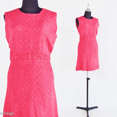 1960s Hot Pink Textured Mini Dress | 60s Pink Sleeveless Shift | Kay Windsor | Medium 