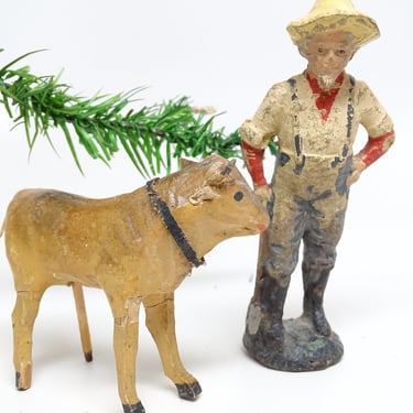 Antique German Farmer and Cow, Hand Painted  Farm Toys for Christmas Putz or Nativity, Germany 