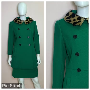 Vintage 60s kelly green mod leopard jacket coat  skirt suit set SM 