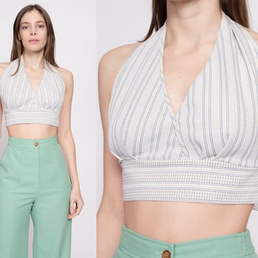 70s Striped Halter Crop Top - Small | Vintage White Blue Backless Disco Blouse 