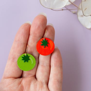 Small Red + Green Tomato Earrings - Lightweight & Made from Reclaimed Leather 