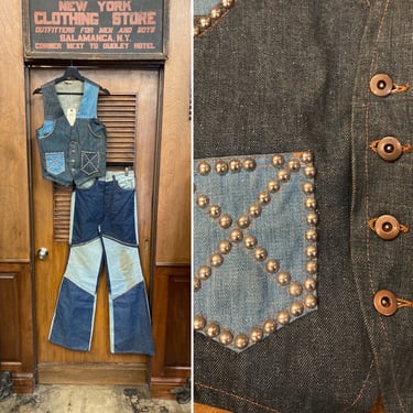 Vintage 1970’s Amazing Studded Denim Two Piece Glam Disco Mod Vest Flare Jeans Set, 2 Piece, Matching Set, Pant Suit, Studded, Patchwork, 