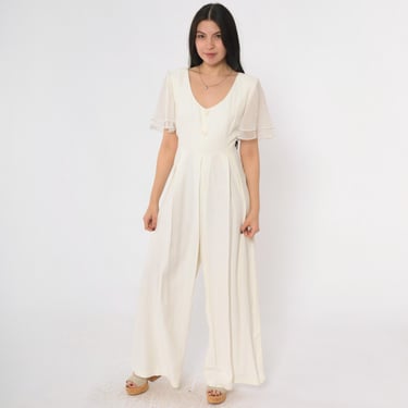 Vintage White Wide Leg Jumpsuit 90s Chiffon Flutter Sleeve Jumpsuit Scoop Neck Pleated Party Pantsuit Palazzo Romper Pants 1990s Medium 8 