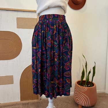 Vintage 90s USA Made Patterns Bright Floral Printed Abstract Pleated Midi Skirt 