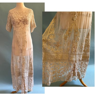 Lovely Edwardian Antique Lace dress with Embroidery  -- Wedding  Boho -- size Small 