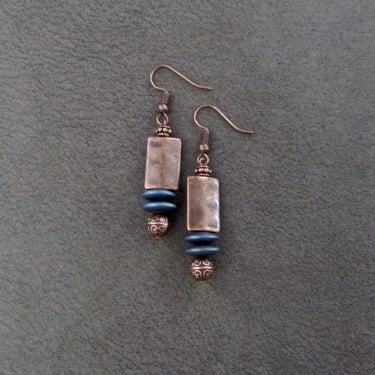 Industrial earrings, teal and copper earrings, mid century modern earrings 