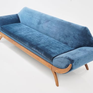 Blue Velvet Gondola Sofa, 1970s 
