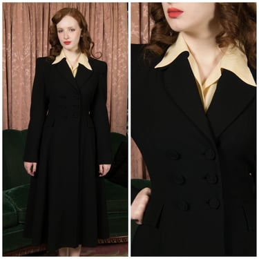 1940s Coat -  Ideal Black Wool Crepe Vintage 40s Tailored Coat with Double Breasted Closure 