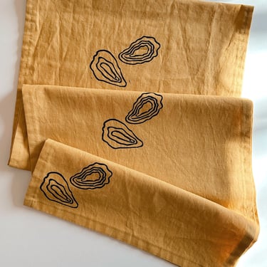 hand block printed table runner. oysters on mustard. boho decor. linen tablecloth. birthday or dinner party decor. 