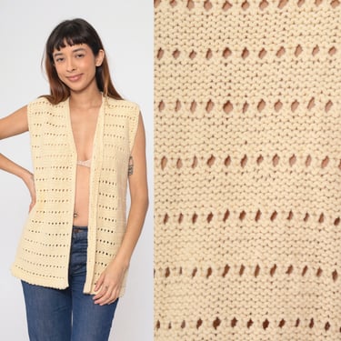 70s Cream Knit Vest Top Sleeveless Crochet Sweater V Neck Tank Sheer Open Front Pointelle 1970s Retro Vintage Medium 