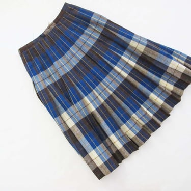 Vintage Pleated Wool Plaid Skirt XS 24  - 70s Blue Gray Yellow High Waist Full Skirt - Nerdy Academia Prep Style 