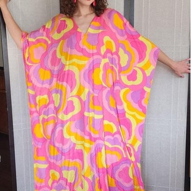 60s Silk Caftan Dress Pink Yellow Psychedelic Print Lord & Taylor 