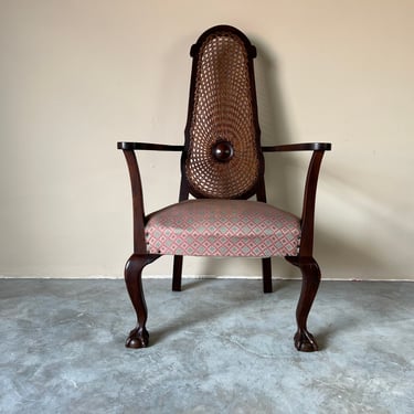 Vintage Cane Back & Claw Ball Feet Arm Accent Chair 