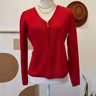 Vintage 90s Erik Spencer Red Ribbed Cotton Zip Up Cardigan Sweater - Medium 