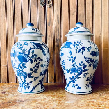 12” Blue + White Chinoiserie Jar with Lid Set of 2 | Chinese | Asian | Home Decor | British Colonial | Ginger Jars 