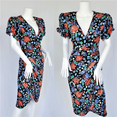 1980's Black Silk Colorful Floral Print I. Magnin Wrap Dress I Sz Med 