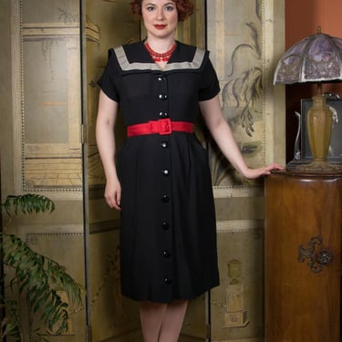 1940s Dress - Smart Vintage Late 40s Black Rayon Button Front Day Dress with Sailor Collar 