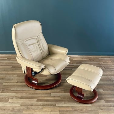 Ekornes Stressless Beige Leather Reclining Swivel Lounge Chair with Ottoman 