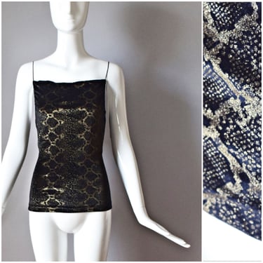 vtg 90s XOXO black and gold metallic snake skin animal print blouse | y2k 1990s cowl neck stretch tank top | size | color Large Womens L 