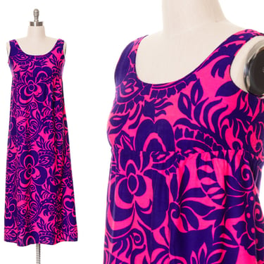 Vintage 1960s Maxi Dress | 60s Hawaiian Psychedelic Barkcloth Floral Print Hot Pink Blue Purple Summer Sundress (medium/large) 