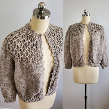 1970s Chunky Hand Knit Cardigan with Bauble Trim - 70s Sweater - Women's Vintage Size Medium 