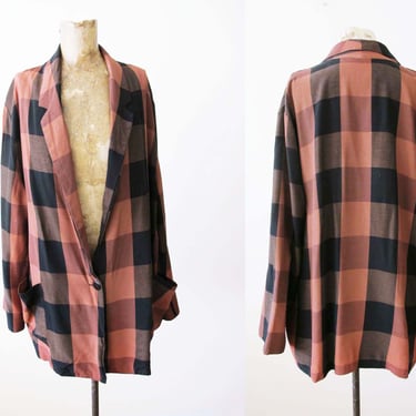 Vintage Long Plaid Blazer M - Slouchy Oversized Brown Plaid Duster Jacket - Baggy Patterned Jacket - Menswear 