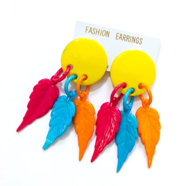 Huge Vintage 80s 90s Yellow Orange Blue Pink Plastic Feather Dream Catcher Vibe Kitsch Large Statement Earrings 