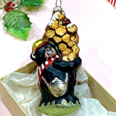 VINTAGE: 1990s - Christmas Bear Ornament - Bear Caring Logs - Holiday Ornament - Christmas Tree Decoration - Xmas 