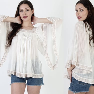 Off White Gauze Kimono Top / Mexican Sheer Lace Cover Up / Lightweight Airy Resort Wear Pool Shirt 