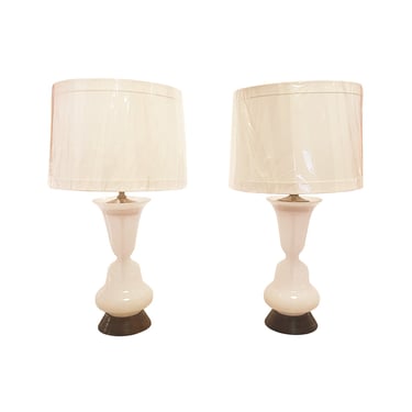 1940s Trumpet Lily Shaped Opalescent Glass Table Lamps - a Pair