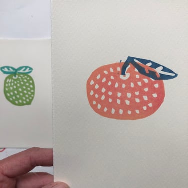 Citrus block print art, small art print, lime, tangerine, orange, fruit, food art 