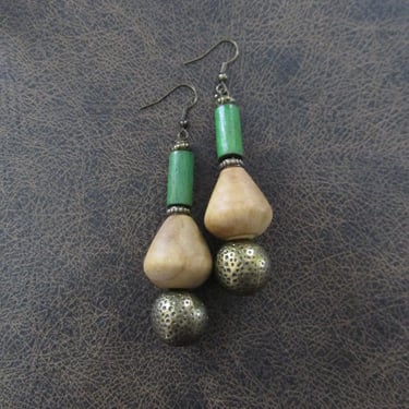 Mid century modern chunky wooden and bronze dangle earrings 