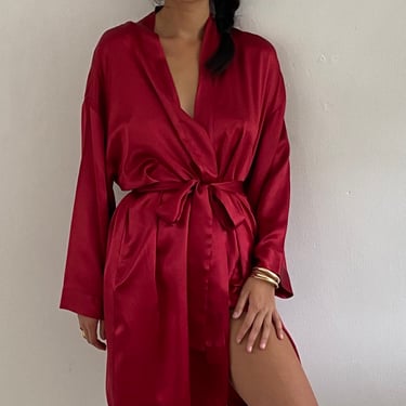 90s silk robe / vintage red 100% silk charmeuse short kimono robe dressing gown wrap dress | Large 