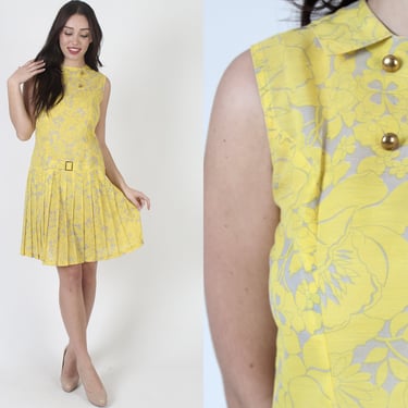 Classic 60's Floral Print Drop Waist Kick Pleat Micro Mini Dress 