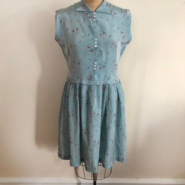 Pale Blue and Pink Floral Print Satin Shirtdress - 1950s 