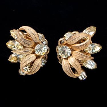 Miriam Haskell Yellow Rhinestone Flower Earrings